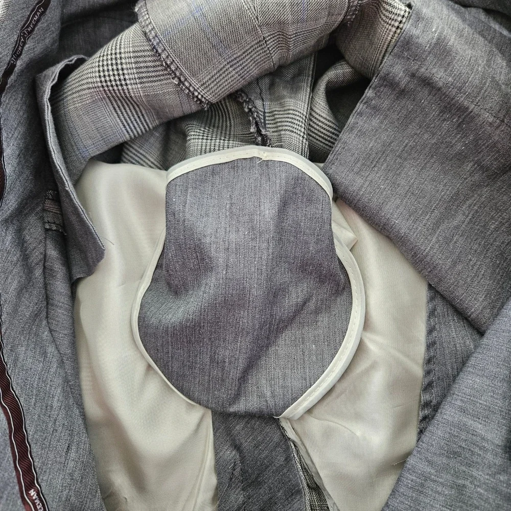 Hickey Freeman Suit Set Mens 46L 36x30 Grey Glen Plaid Wool Business Formal USA